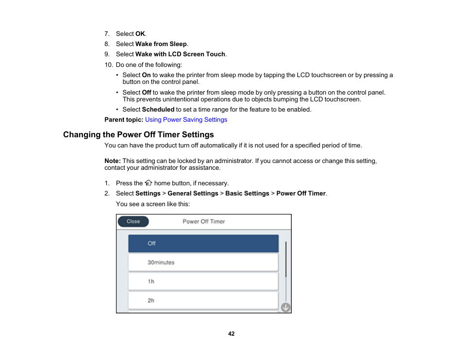 Changing the power off timer settings | Epson WorkForce Pro WF-7820 All-in-One Inkjet Printer User Manual | Page 42 / 393