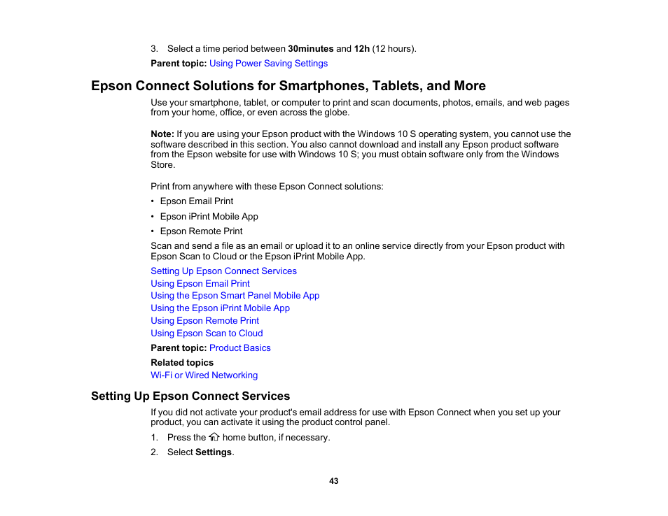 Setting up epson connect services | Epson WorkForce Pro WF-7820 All-in-One Inkjet Printer User Manual | Page 43 / 393