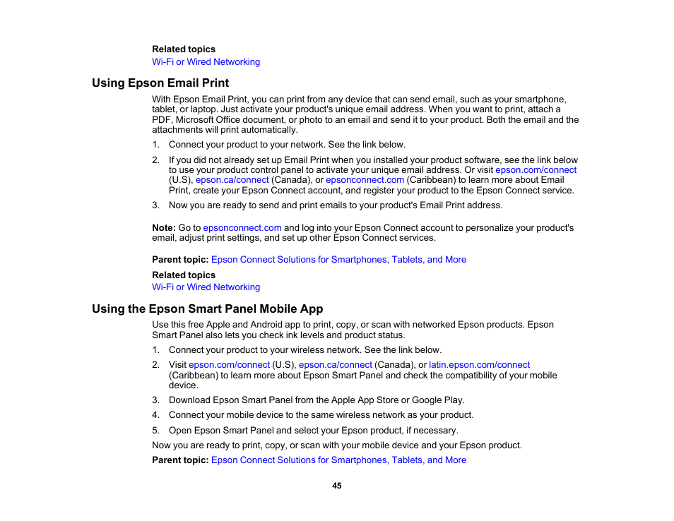 Using epson email print, Using the epson smart panel mobile app | Epson WorkForce Pro WF-7820 All-in-One Inkjet Printer User Manual | Page 45 / 393