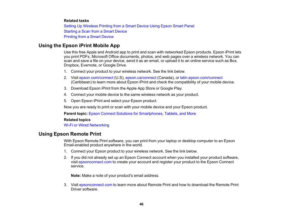 Using the epson iprint mobile app, Using epson remote print | Epson WorkForce Pro WF-7820 All-in-One Inkjet Printer User Manual | Page 46 / 393