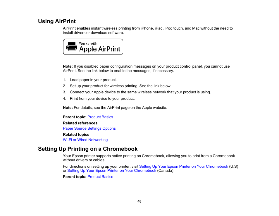 Using airprint, Setting up printing on a chromebook, Using airprint setting up printing on a chromebook | Epson WorkForce Pro WF-7820 All-in-One Inkjet Printer User Manual | Page 48 / 393