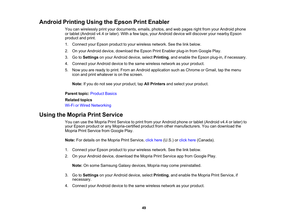 Android printing using the epson print enabler, Using the mopria print service | Epson WorkForce Pro WF-7820 All-in-One Inkjet Printer User Manual | Page 49 / 393