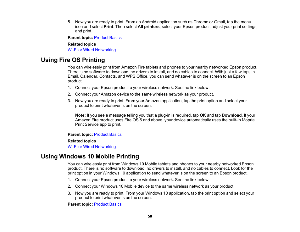 Using fire os printing, Using windows 10 mobile printing | Epson WorkForce Pro WF-7820 All-in-One Inkjet Printer User Manual | Page 50 / 393