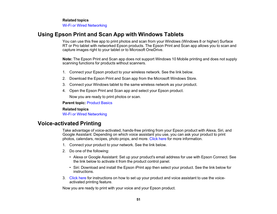 Voice-activated printing | Epson WorkForce Pro WF-7820 All-in-One Inkjet Printer User Manual | Page 51 / 393