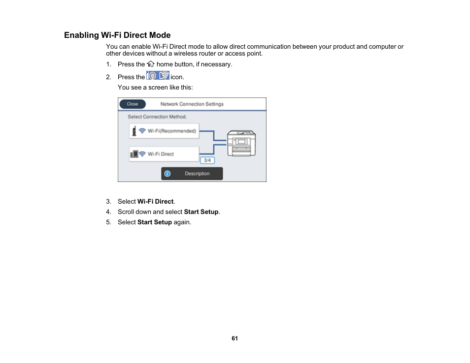 Enabling wi-fi direct mode | Epson WorkForce Pro WF-7820 All-in-One Inkjet Printer User Manual | Page 61 / 393
