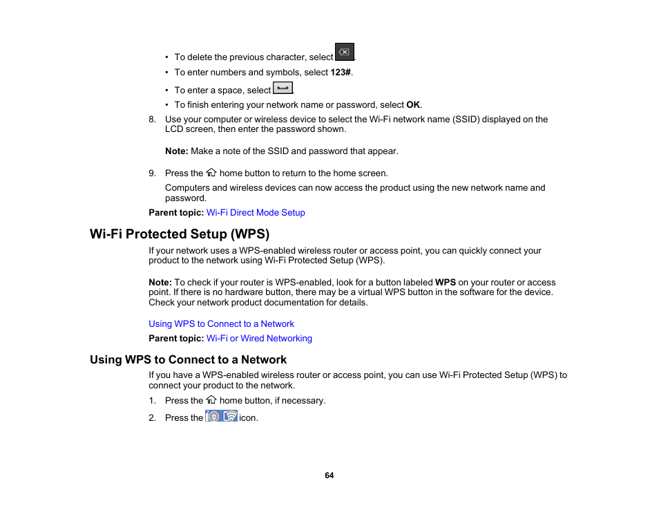 Wi-fi protected setup (wps), Using wps to connect to a network | Epson WorkForce Pro WF-7820 All-in-One Inkjet Printer User Manual | Page 64 / 393