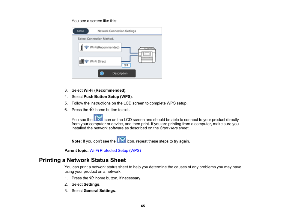 Printing a network status sheet | Epson WorkForce Pro WF-7820 All-in-One Inkjet Printer User Manual | Page 65 / 393