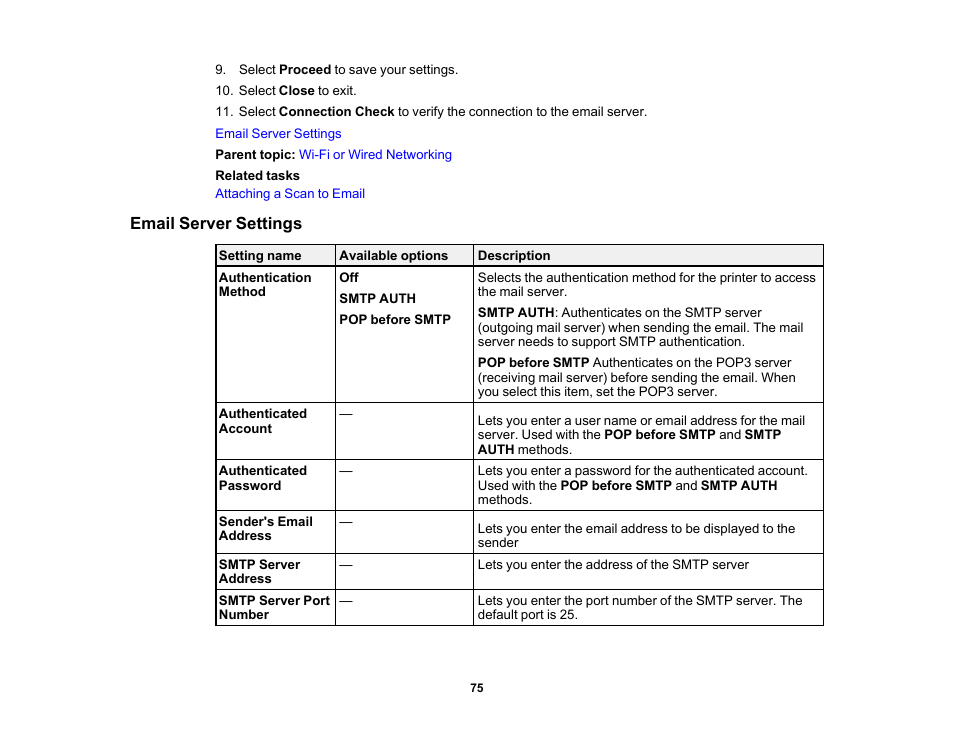 Email server settings | Epson WorkForce Pro WF-7820 All-in-One Inkjet Printer User Manual | Page 75 / 393