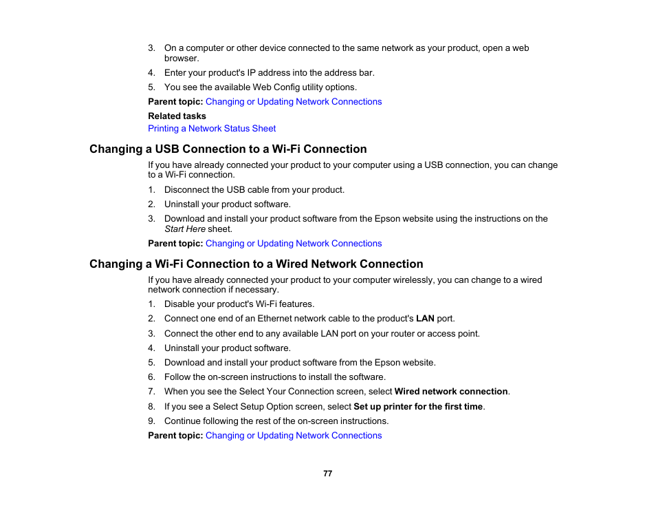 Changing a usb connection to a wi-fi connection | Epson WorkForce Pro WF-7820 All-in-One Inkjet Printer User Manual | Page 77 / 393