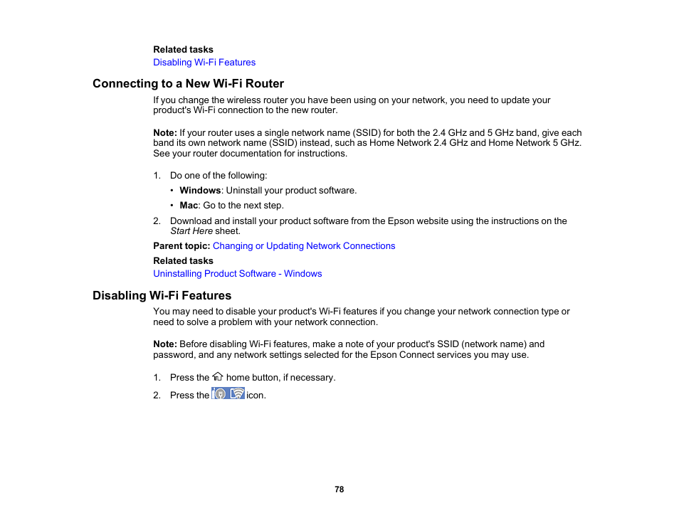 Connecting to a new wi-fi router, Disabling wi-fi features | Epson WorkForce Pro WF-7820 All-in-One Inkjet Printer User Manual | Page 78 / 393