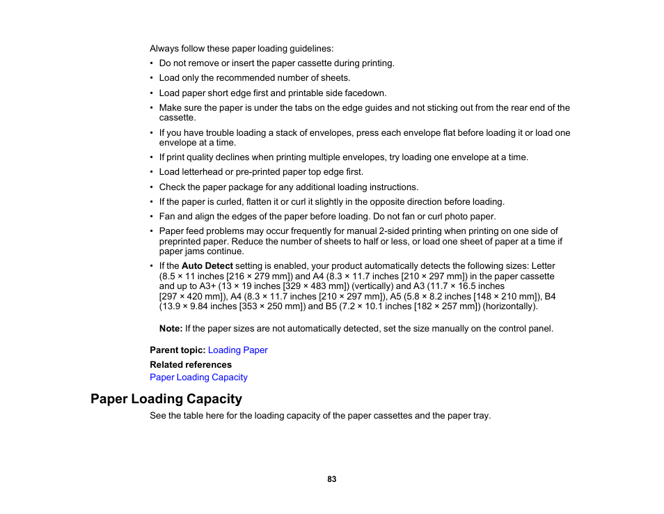 Paper loading capacity | Epson WorkForce Pro WF-7820 All-in-One Inkjet Printer User Manual | Page 83 / 393