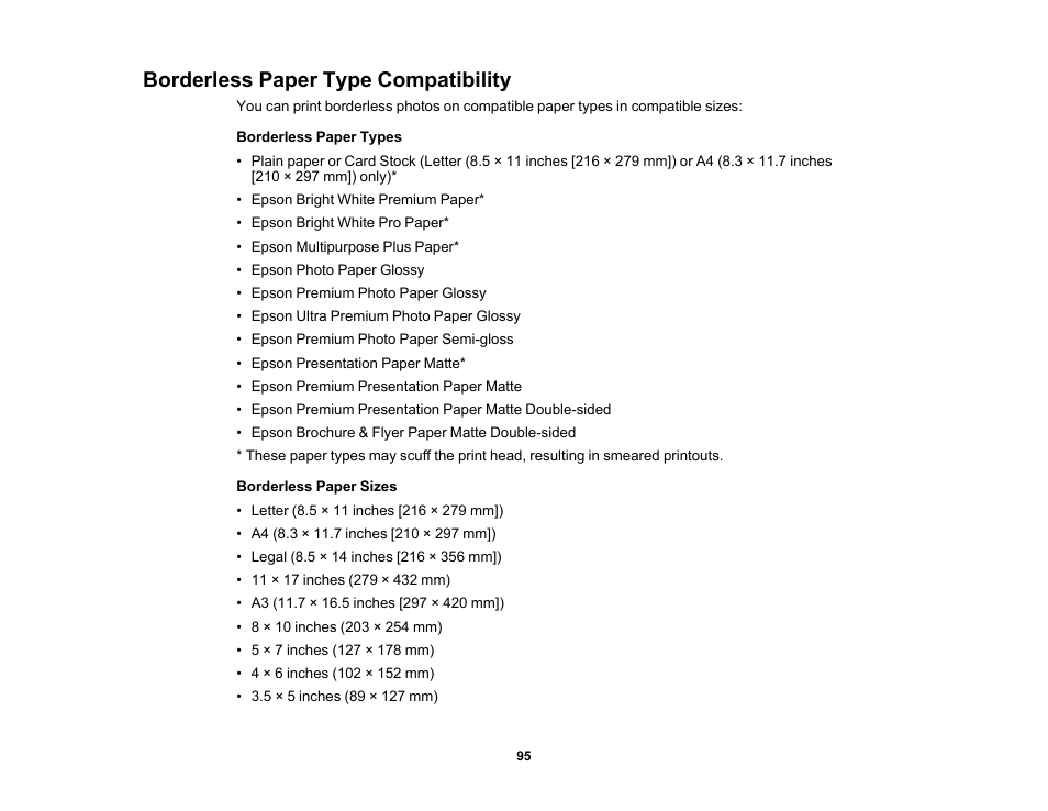 Borderless paper type compatibility | Epson WorkForce Pro WF-7820 All-in-One Inkjet Printer User Manual | Page 95 / 393