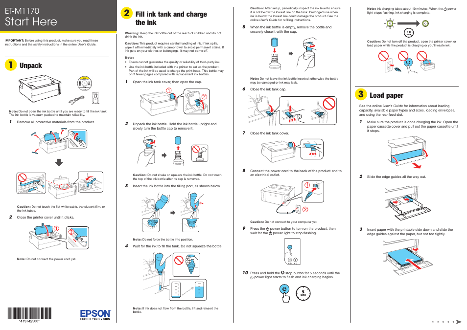 Load paper, Start here, Et-m1170 | Unpack, Fill ink tank and charge the ink | Epson EcoTank ET-M1170 Wireless Monochrome Supertank Printer User Manual | Page 2 / 4