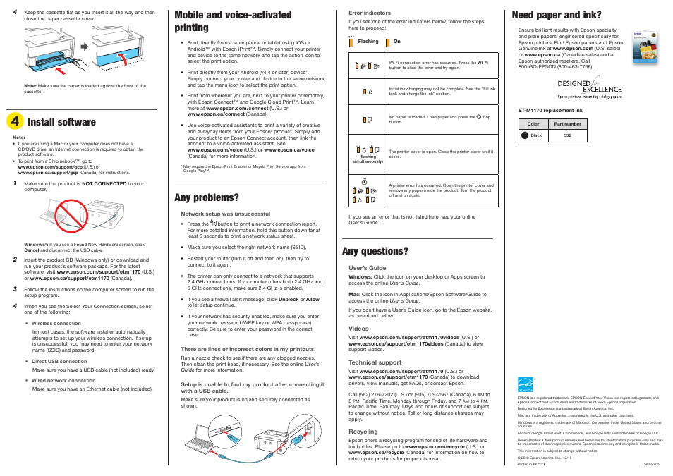 Install software, Mobile and voice-activatedprinting, Any problems | Mobile and voice-activated printing, Any questions, Need paper and ink | Epson EcoTank ET-M1170 Wireless Monochrome Supertank Printer User Manual | Page 3 / 4