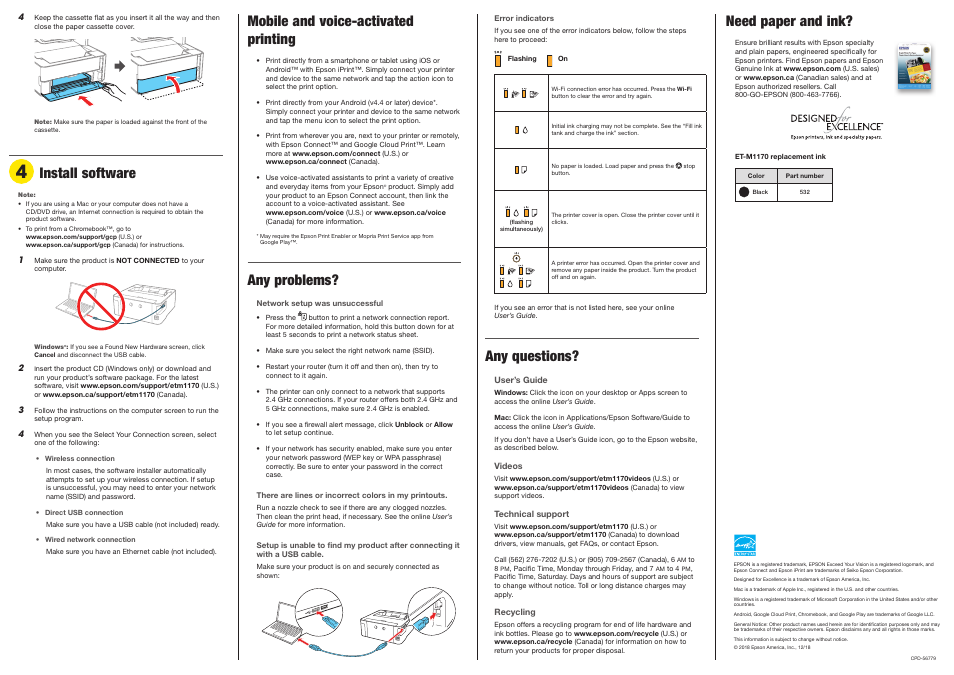 Any questions, Need paper and ink, Mobile and voice-activated printing | Any problems, Install software | Epson EcoTank ET-M1170 Wireless Monochrome Supertank Printer User Manual | Page 4 / 4