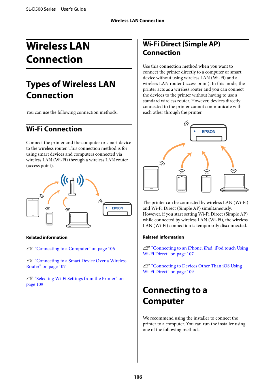 Wireless lan connection, Types of wireless lan connection, Wi-fi connection | Wi-fi direct (simple ap) connection, Connecting to a computer | Epson SureLab D570 Professional Minilab Photo Printer User Manual | Page 106 / 148