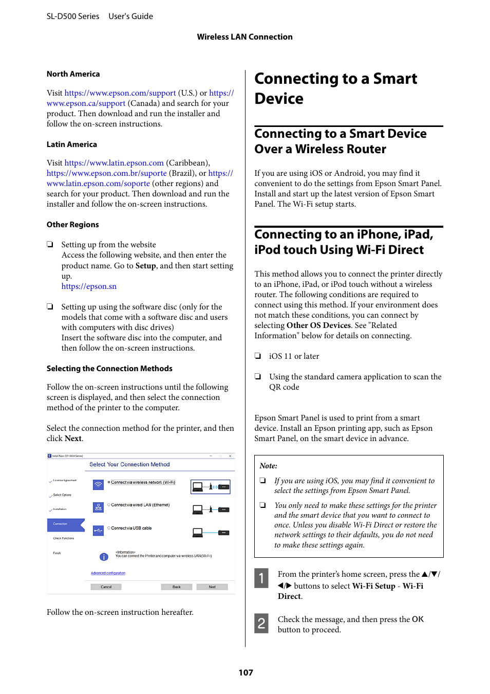 Connecting to a smart device, Connecting to a smart device over a wireless, Connecting to an iphone, ipad, ipod touch using | Epson SureLab D570 Professional Minilab Photo Printer User Manual | Page 107 / 148