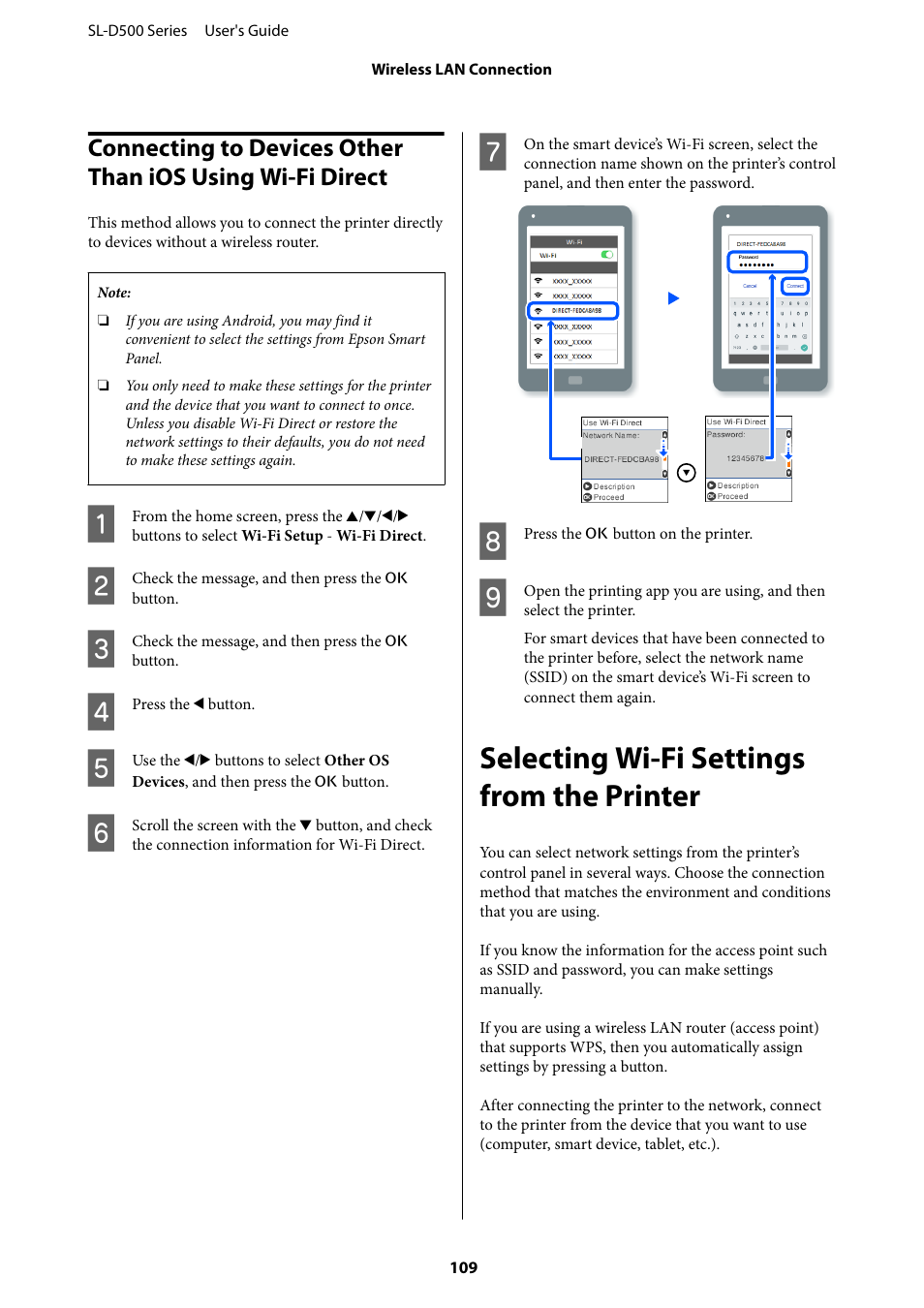Selecting wi-fi settings from the printer, Selecting wi-fi settings from the printer” on, Connecting to devices other than ios using | Epson SureLab D570 Professional Minilab Photo Printer User Manual | Page 109 / 148