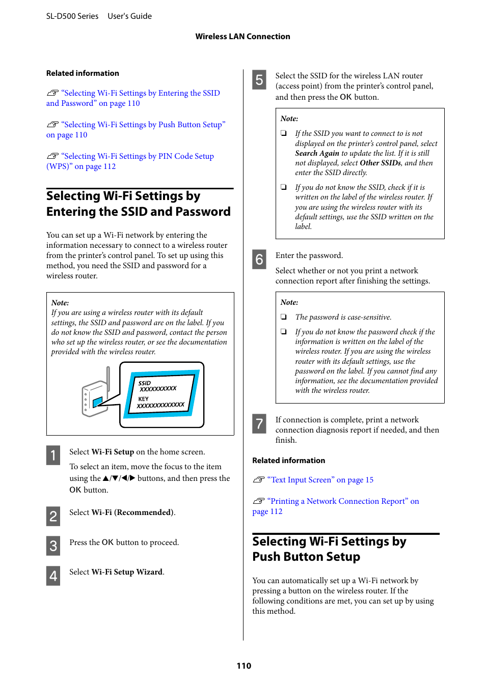 Selecting wi-fi settings by push button setup | Epson SureLab D570 Professional Minilab Photo Printer User Manual | Page 110 / 148
