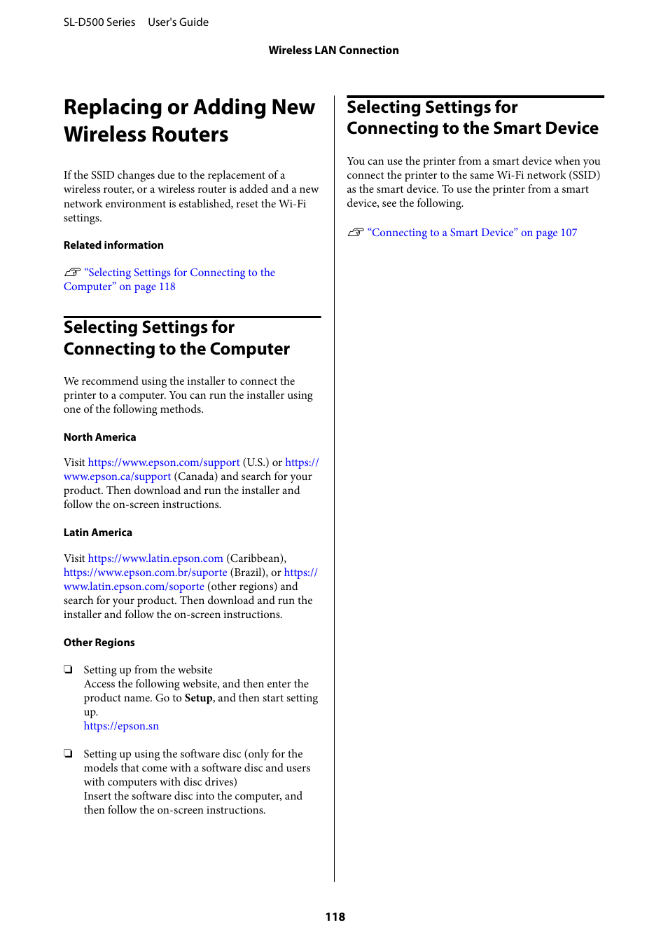 Replacing or adding new wireless routers, Selecting settings for connecting to the computer | Epson SureLab D570 Professional Minilab Photo Printer User Manual | Page 118 / 148