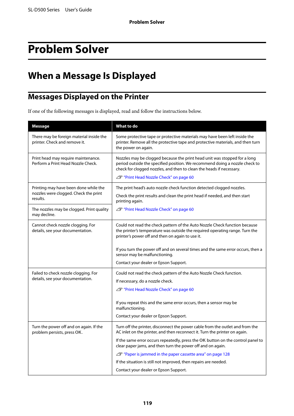 Problem solver, When a message is displayed, Messages displayed on the printer | Epson SureLab D570 Professional Minilab Photo Printer User Manual | Page 119 / 148