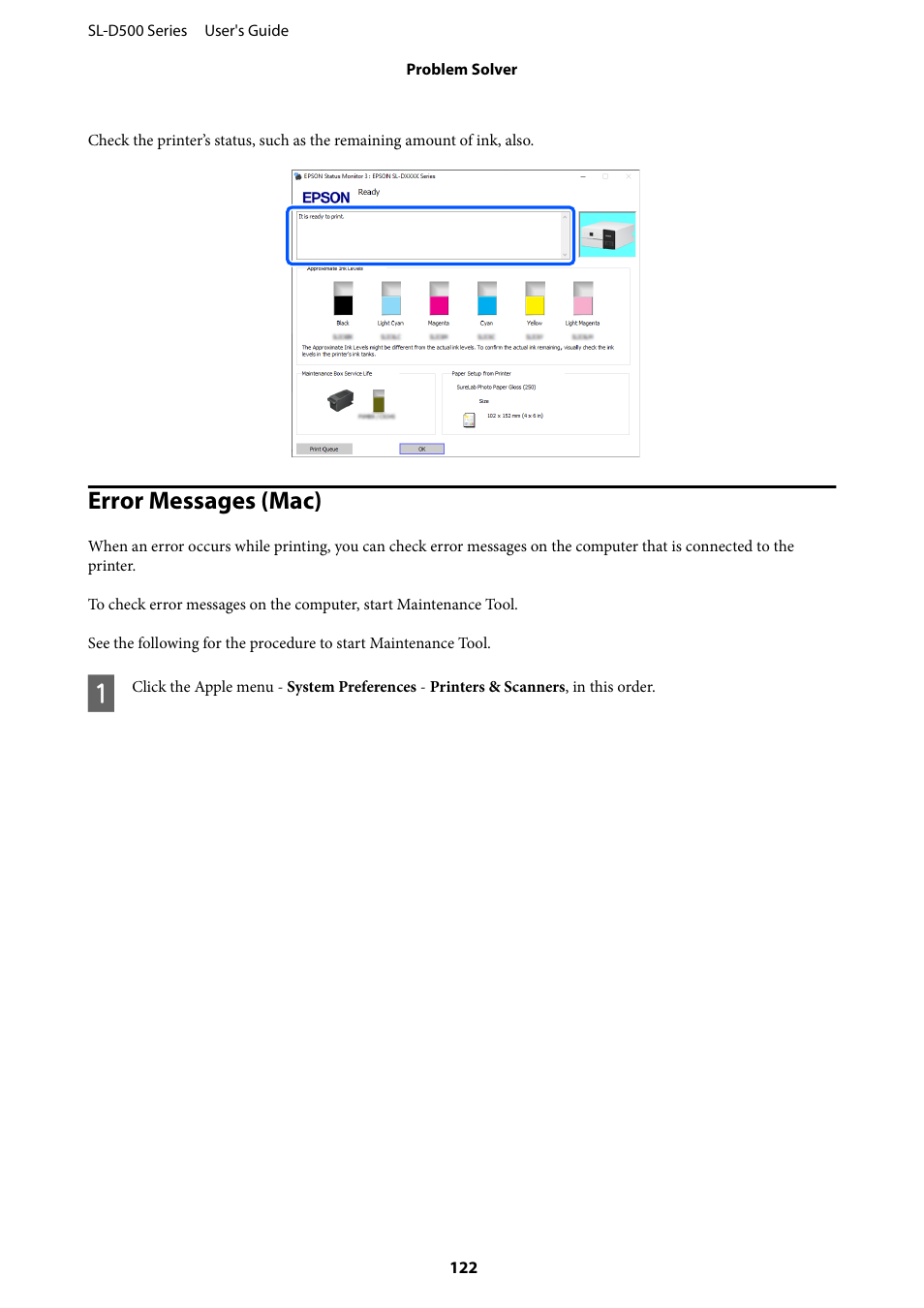 Error messages (mac) | Epson SureLab D570 Professional Minilab Photo Printer User Manual | Page 122 / 148