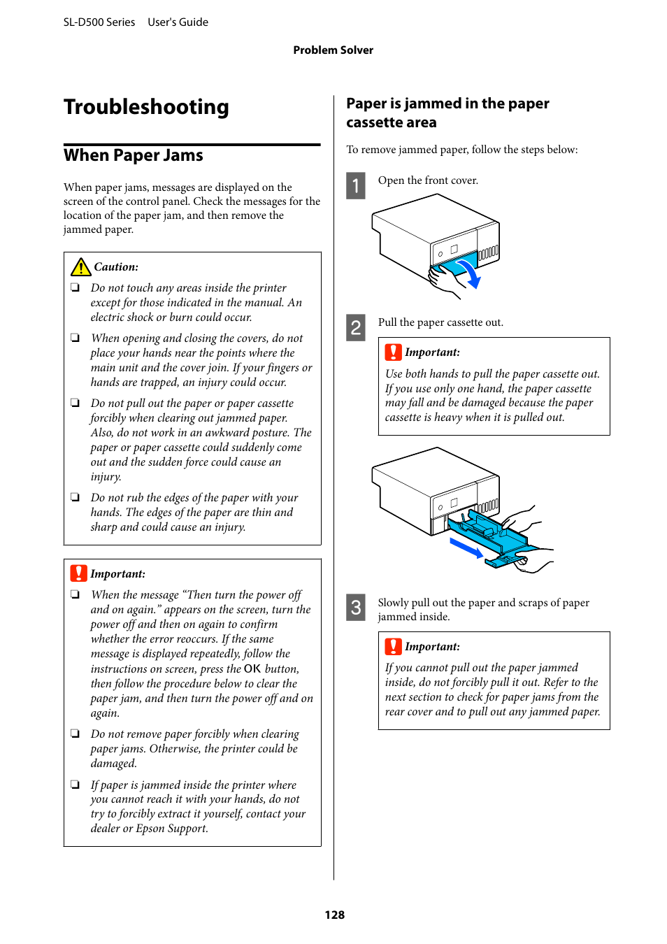 Troubleshooting, When paper jams, Paper is jammed in the paper cassette area | Epson SureLab D570 Professional Minilab Photo Printer User Manual | Page 128 / 148