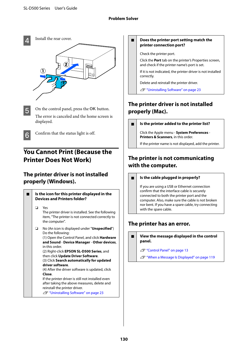 The printer driver is not installed properly (mac), The printer is not communicating with the computer, The printer has an error | Epson SureLab D570 Professional Minilab Photo Printer User Manual | Page 130 / 148