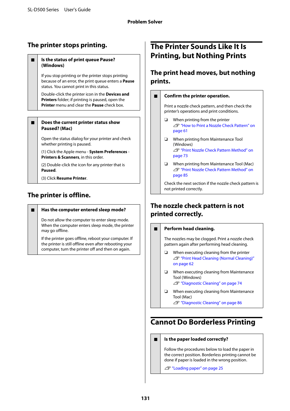 The printer stops printing, The printer is offline, The print head moves, but nothing prints | The nozzle check pattern is not printed correctly, Cannot do borderless printing | Epson SureLab D570 Professional Minilab Photo Printer User Manual | Page 131 / 148