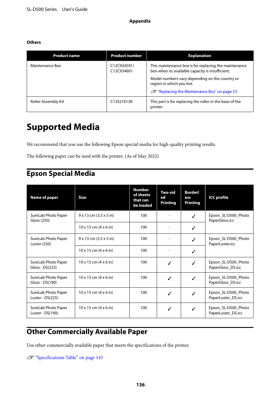 Supported media, Epson special media, Other commercially available paper | Epson SureLab D570 Professional Minilab Photo Printer User Manual | Page 136 / 148