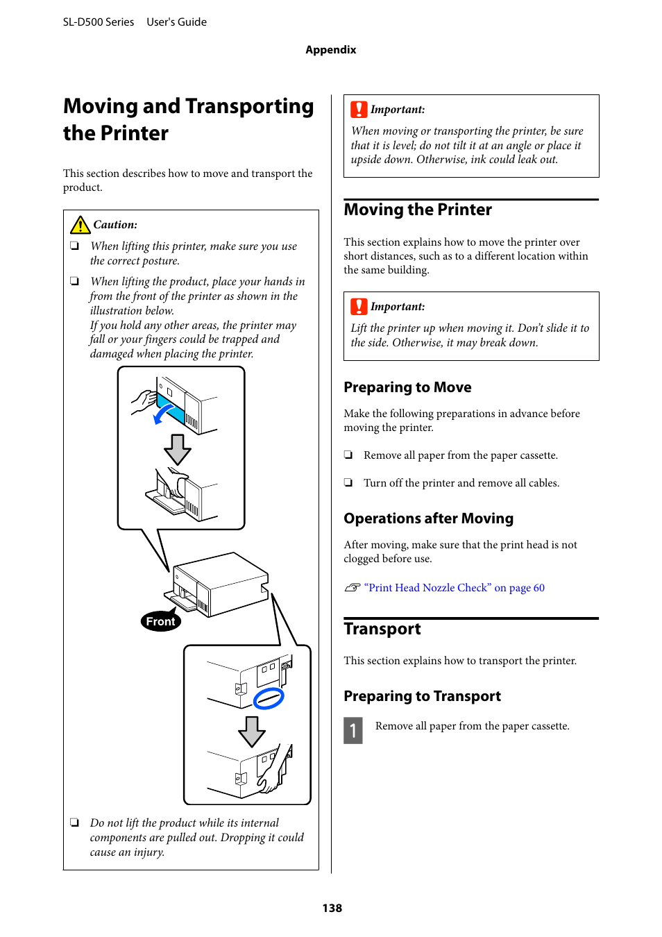 Moving and transporting the printer, Moving the printer, Preparing to move | Operations after moving, Transport, Preparing to transport, Moving the printer transport | Epson SureLab D570 Professional Minilab Photo Printer User Manual | Page 138 / 148