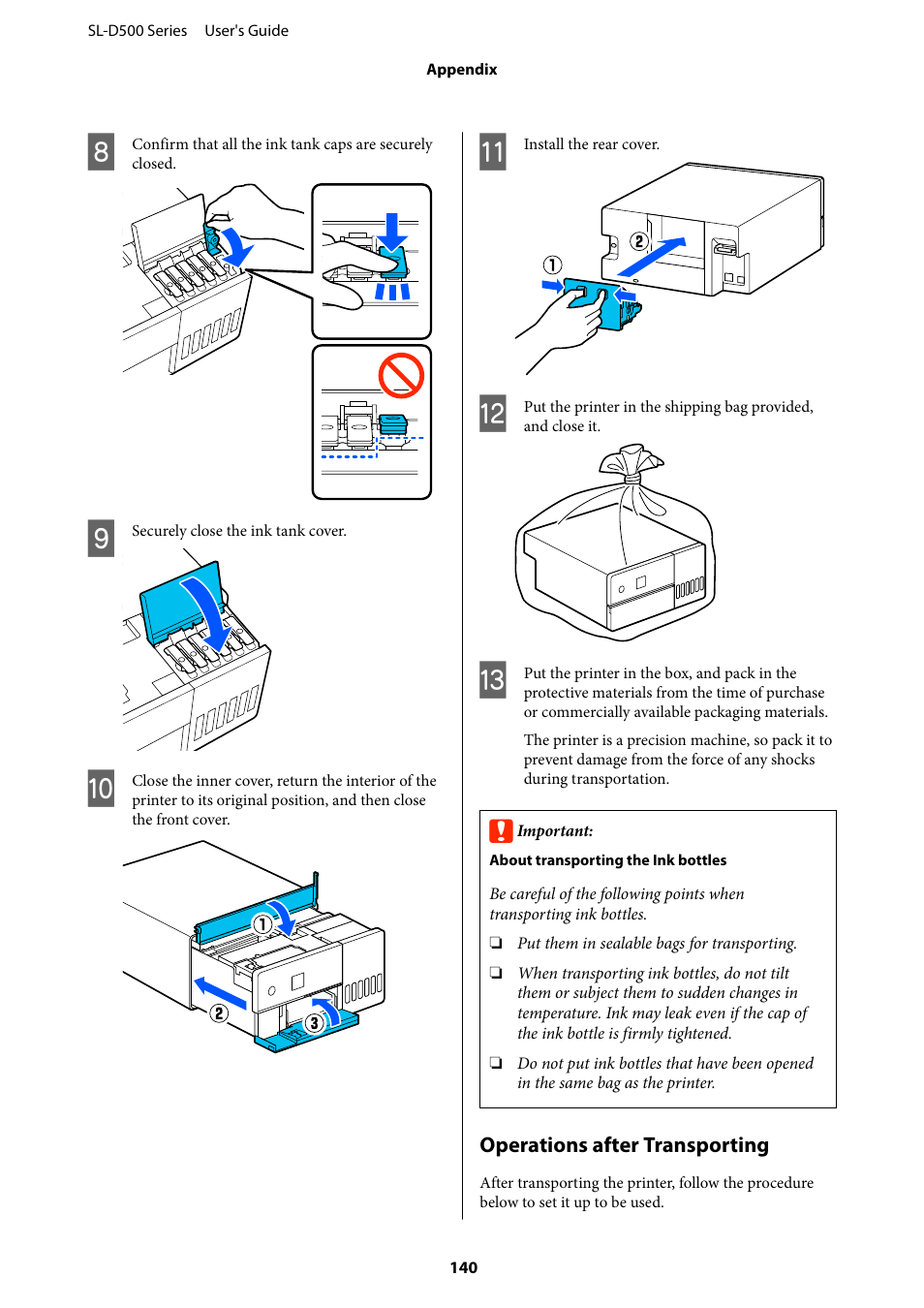 Operations after transporting | Epson SureLab D570 Professional Minilab Photo Printer User Manual | Page 140 / 148