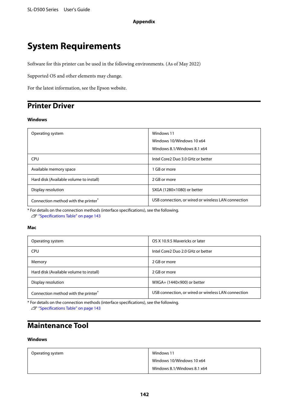 System requirements, Printer driver, Maintenance tool | Printer driver maintenance tool | Epson SureLab D570 Professional Minilab Photo Printer User Manual | Page 142 / 148
