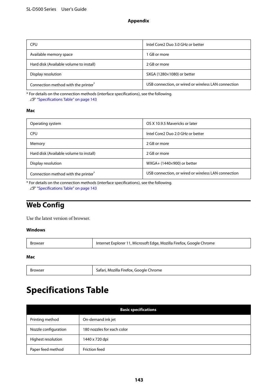 Web config, Specifications table | Epson SureLab D570 Professional Minilab Photo Printer User Manual | Page 143 / 148