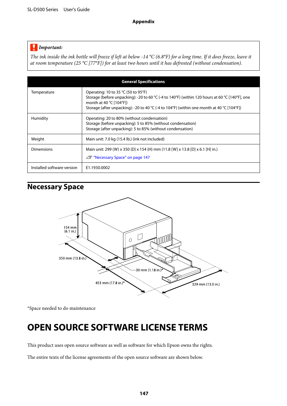 Necessary space, Open source software license terms, Open source software license terms. 147 | Epson SureLab D570 Professional Minilab Photo Printer User Manual | Page 147 / 148
