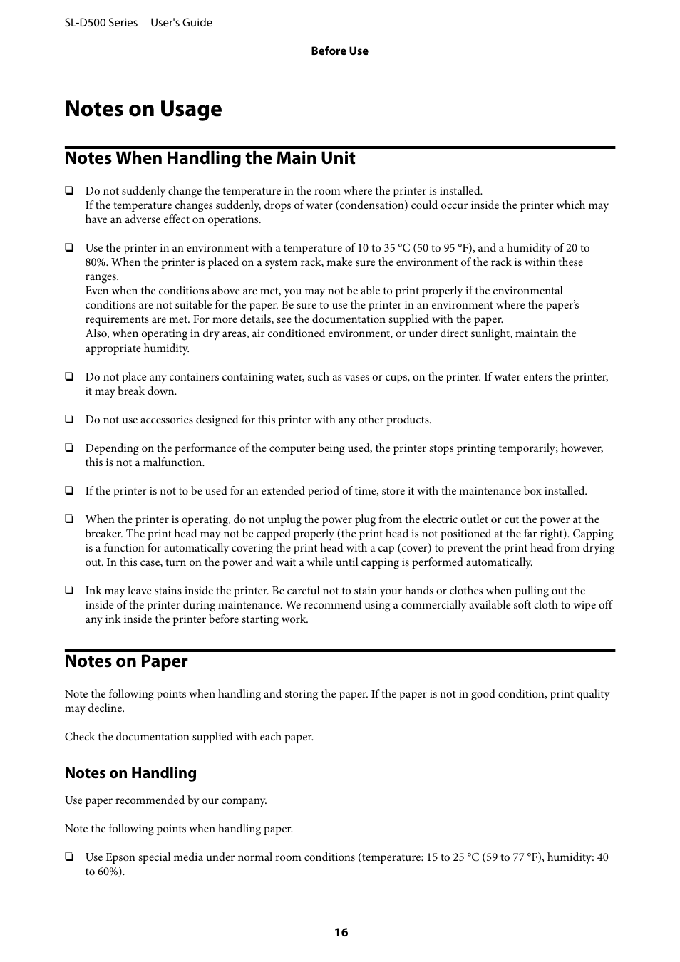 Notes on usage, Notes when handling the main unit, Notes on paper | Notes on handling, Notes when handling the main unit notes on paper | Epson SureLab D570 Professional Minilab Photo Printer User Manual | Page 16 / 148