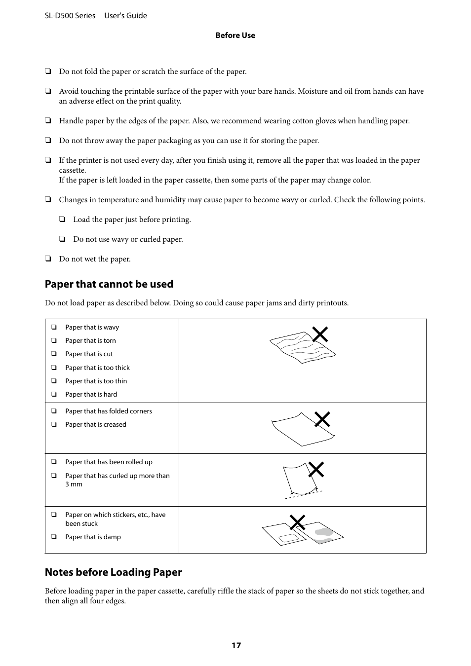 Paper that cannot be used, Notes before loading paper | Epson SureLab D570 Professional Minilab Photo Printer User Manual | Page 17 / 148