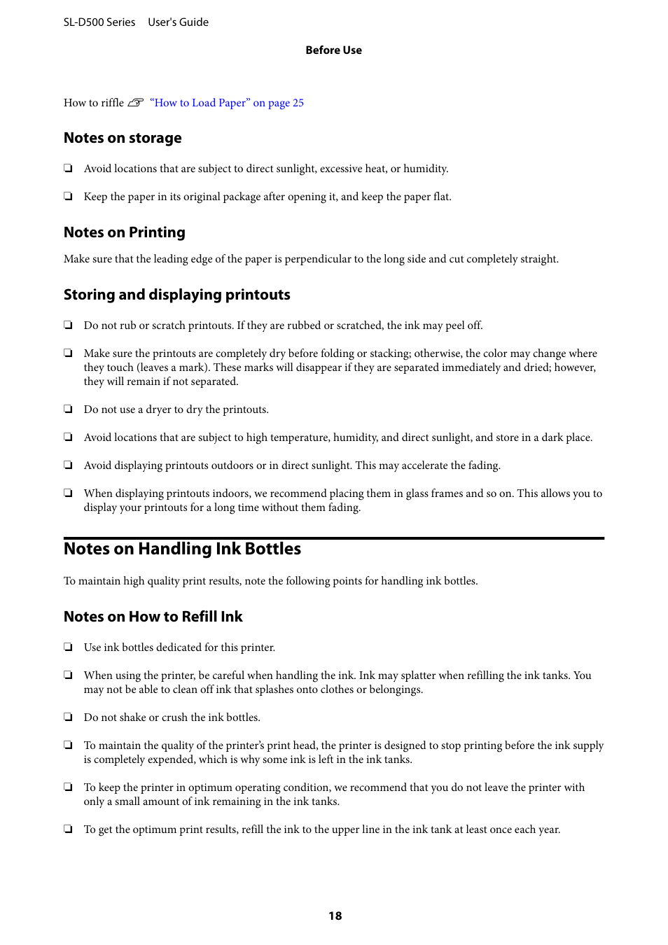 Notes on storage, Notes on printing, Storing and displaying printouts | Notes on handling ink bottles, Notes on how to refill ink | Epson SureLab D570 Professional Minilab Photo Printer User Manual | Page 18 / 148