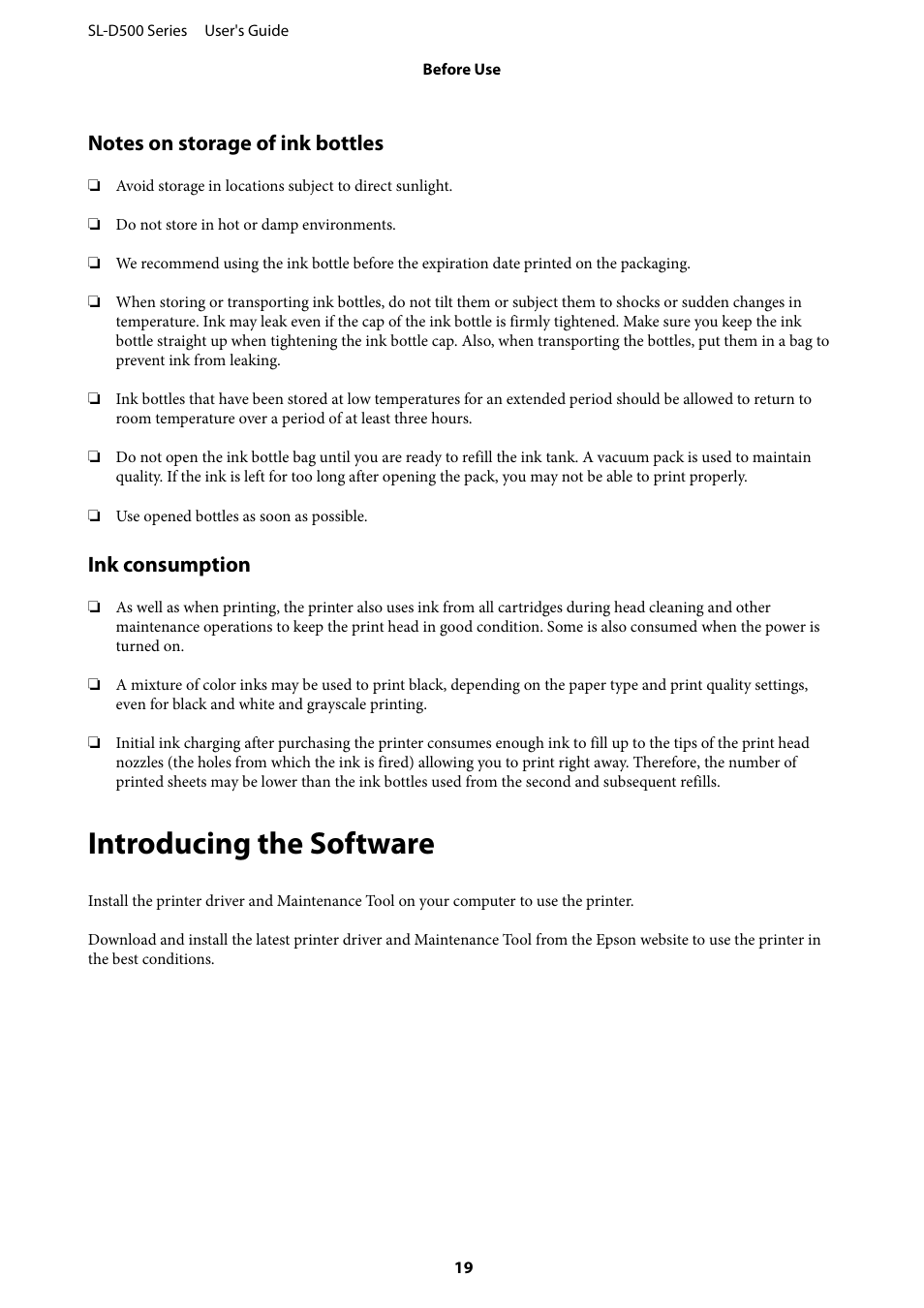 Notes on storage of ink bottles, Ink consumption, Introducing the software | Epson SureLab D570 Professional Minilab Photo Printer User Manual | Page 19 / 148