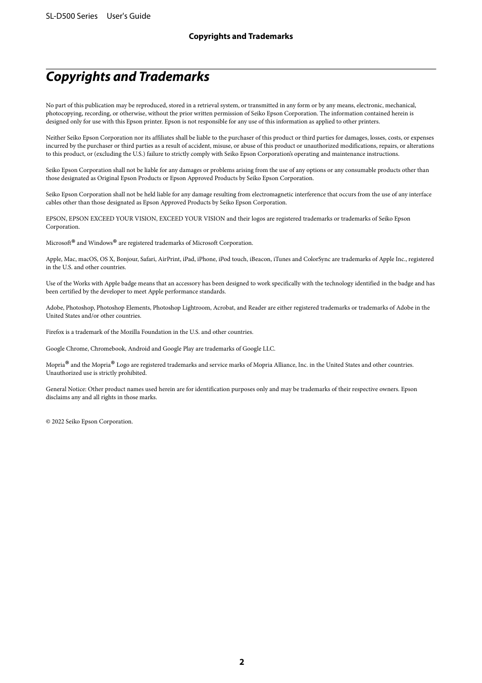Copyrights and trademarks | Epson SureLab D570 Professional Minilab Photo Printer User Manual | Page 2 / 148