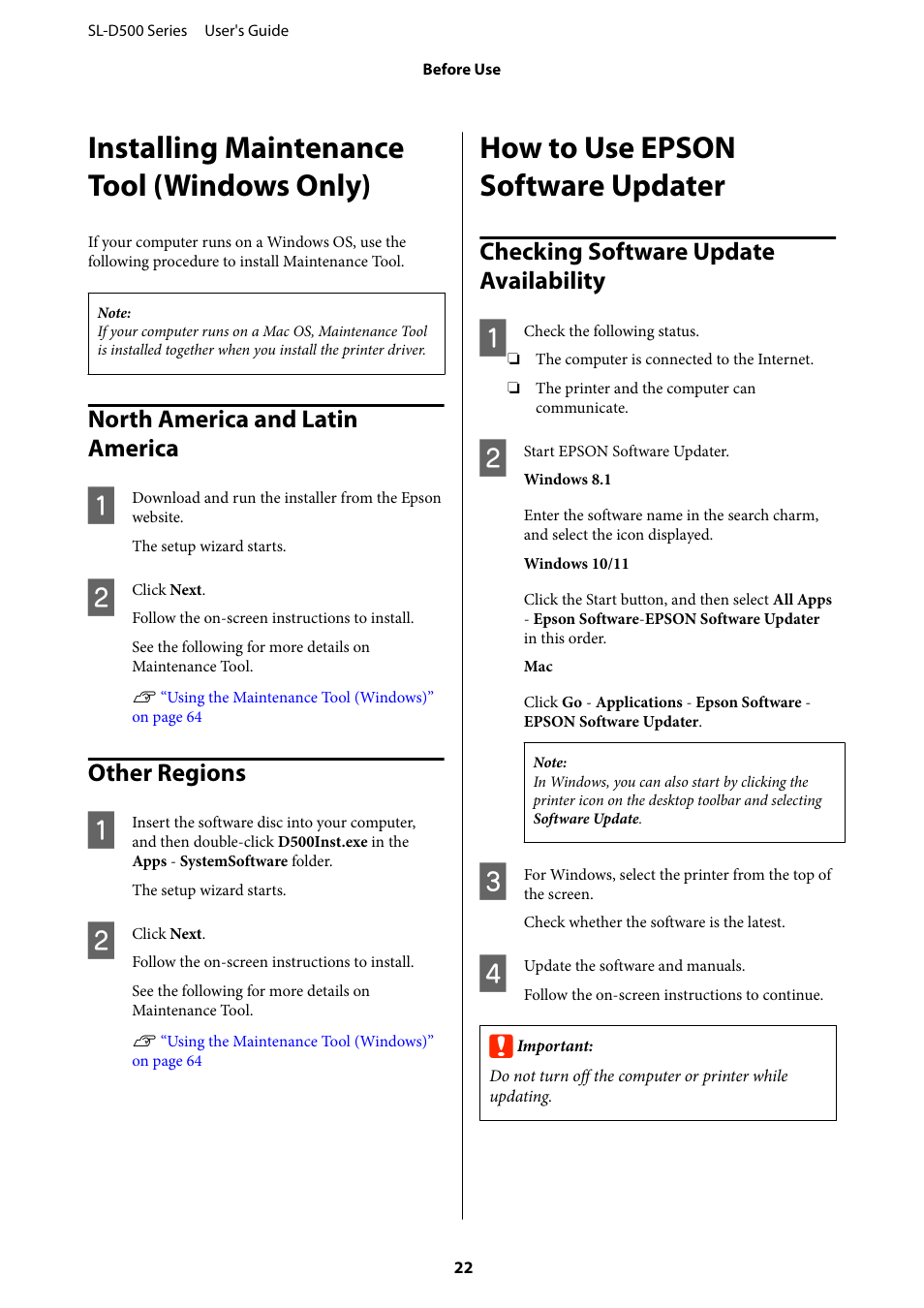 Installing maintenance tool (windows only), North america and latin america, Other regions | How to use epson software updater, Checking software update availability, North america and latin america other regions | Epson SureLab D570 Professional Minilab Photo Printer User Manual | Page 22 / 148