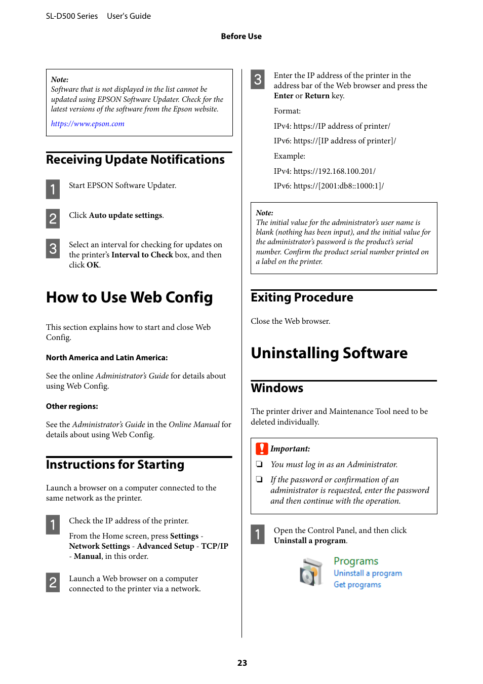 Receiving update notifications, How to use web config, Instructions for starting | Exiting procedure, Uninstalling software, Windows, Instructions for starting exiting procedure | Epson SureLab D570 Professional Minilab Photo Printer User Manual | Page 23 / 148