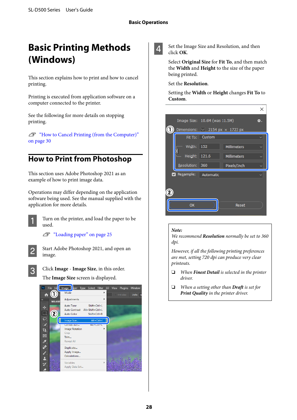 Basic printing methods (windows), How to print from photoshop | Epson SureLab D570 Professional Minilab Photo Printer User Manual | Page 28 / 148