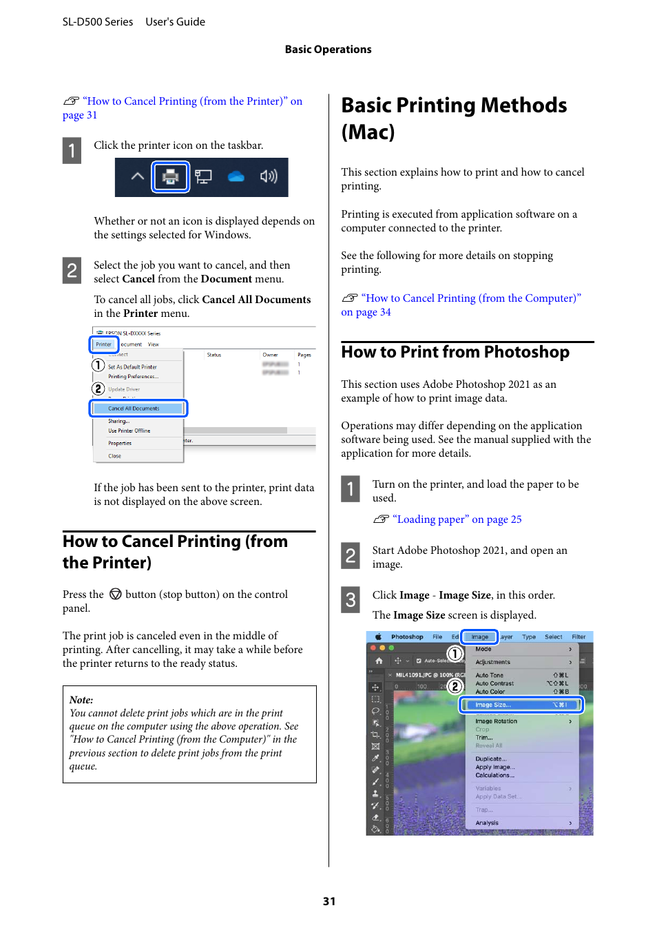 How to cancel printing (from the printer), Basic printing methods (mac), How to print from photoshop | Epson SureLab D570 Professional Minilab Photo Printer User Manual | Page 31 / 148