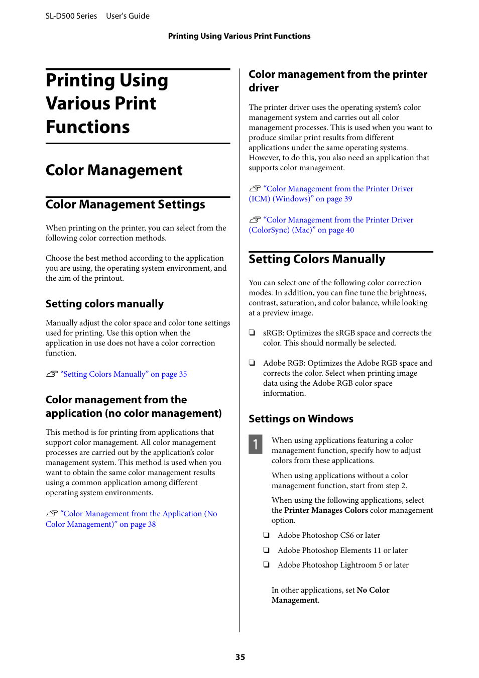 Printing using various print functions, Color management, Color management settings | Setting colors manually, Color management from the printer driver, Settings on windows, Color management settings setting colors manually | Epson SureLab D570 Professional Minilab Photo Printer User Manual | Page 35 / 148