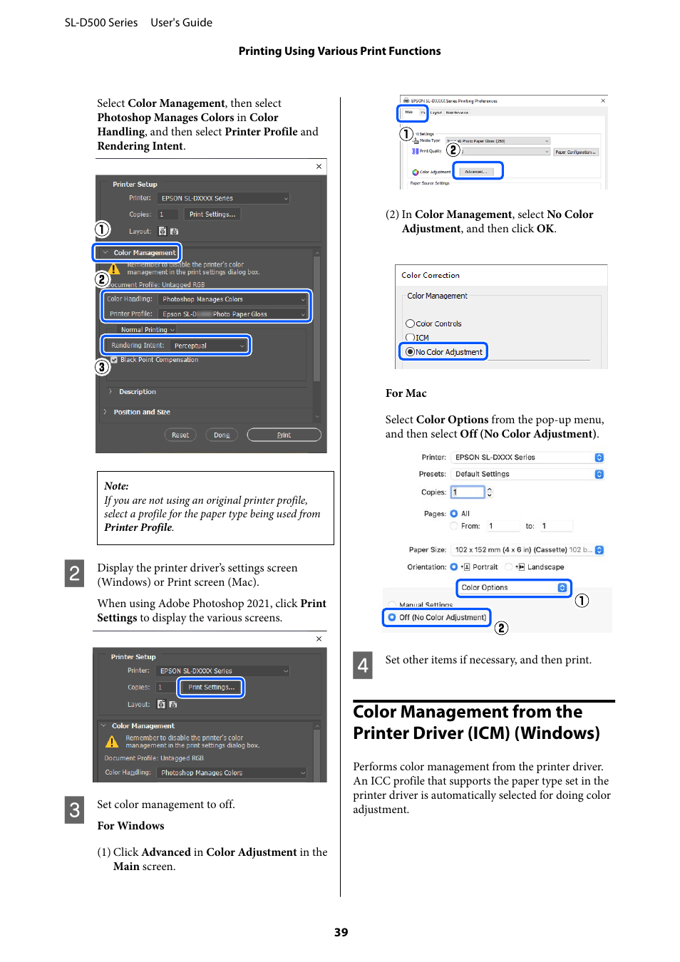 Color management from the printer driver | Epson SureLab D570 Professional Minilab Photo Printer User Manual | Page 39 / 148