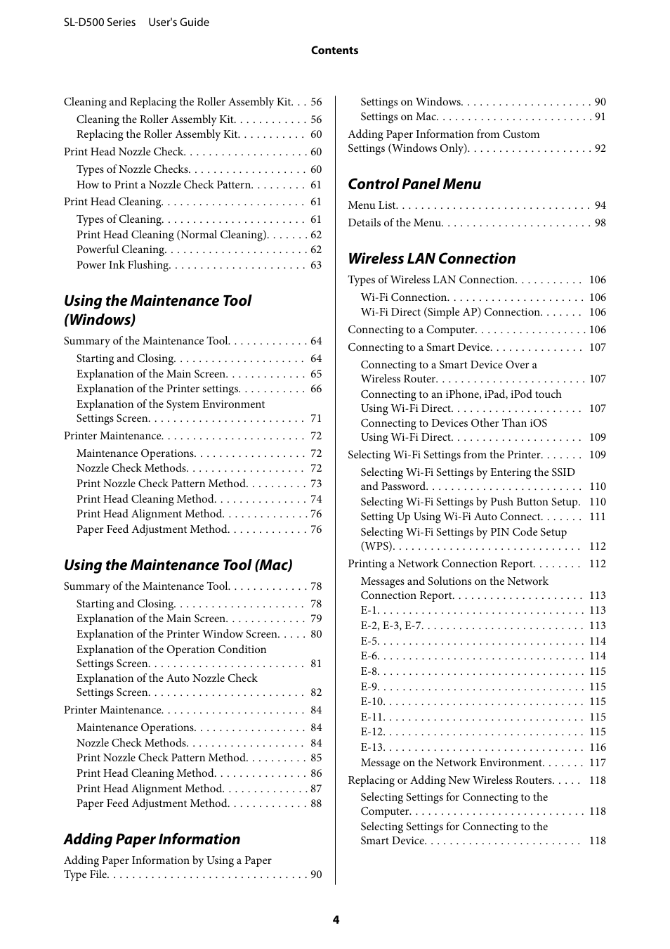 Using the maintenance tool (windows), Using the maintenance tool (mac), Adding paper information | Control panel menu, Wireless lan connection | Epson SureLab D570 Professional Minilab Photo Printer User Manual | Page 4 / 148