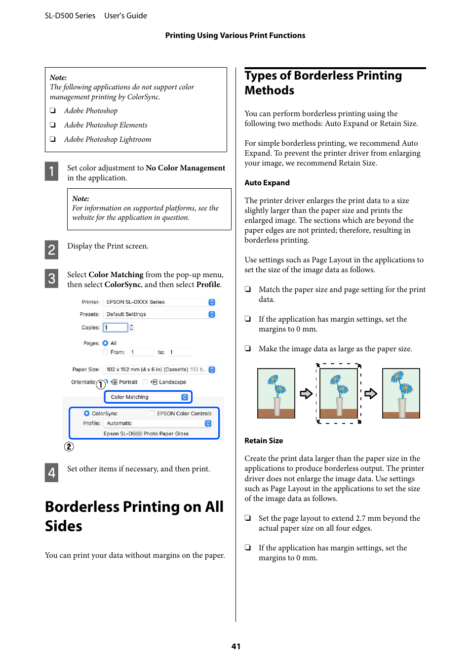 Borderless printing on all sides, Types of borderless printing methods, Borderless printing on all sides” on | Epson SureLab D570 Professional Minilab Photo Printer User Manual | Page 41 / 148