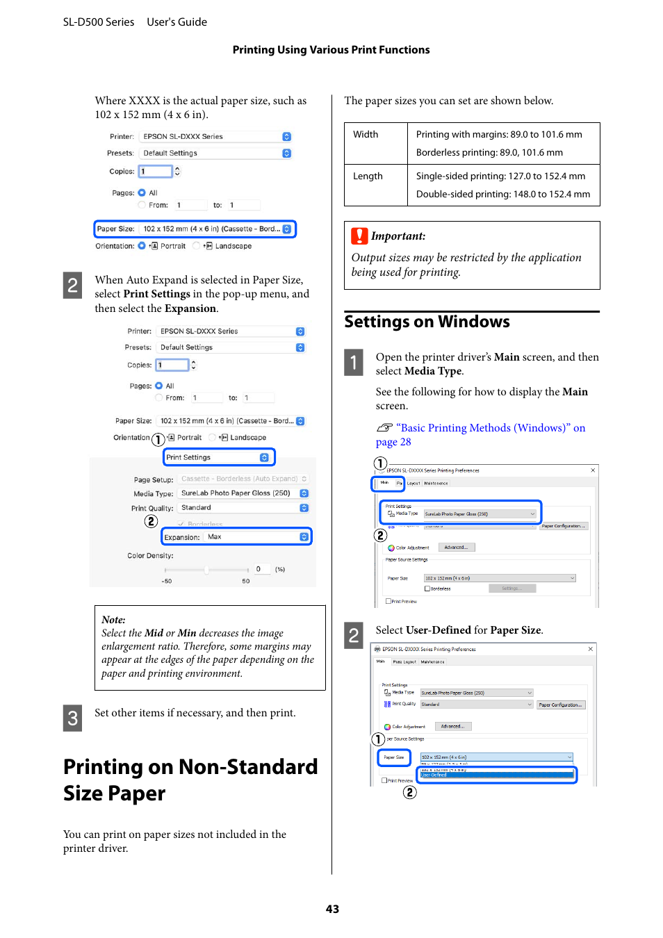 Printing on non-standard size paper, Settings on windows | Epson SureLab D570 Professional Minilab Photo Printer User Manual | Page 43 / 148
