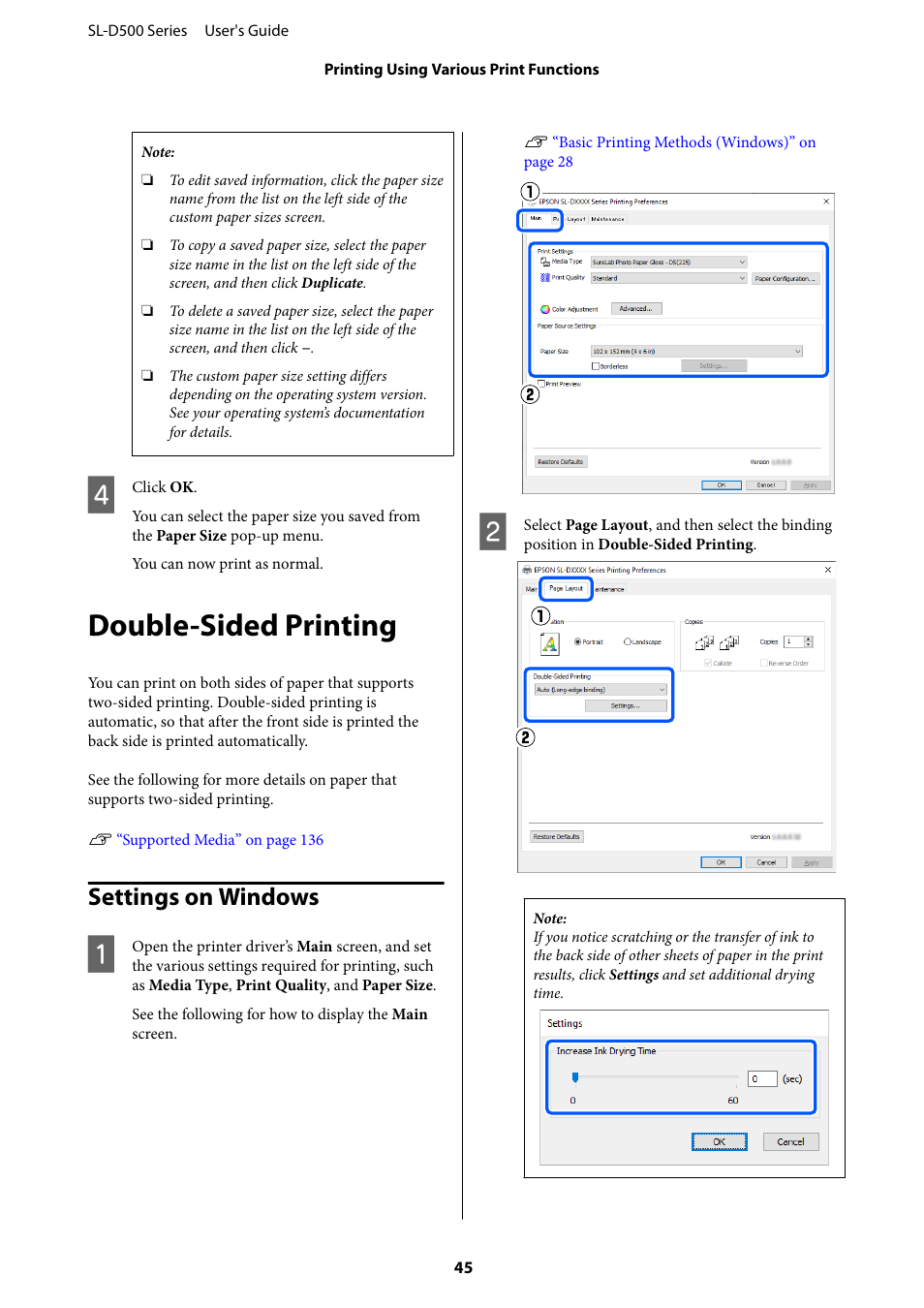 Double-sided printing, Settings on windows | Epson SureLab D570 Professional Minilab Photo Printer User Manual | Page 45 / 148